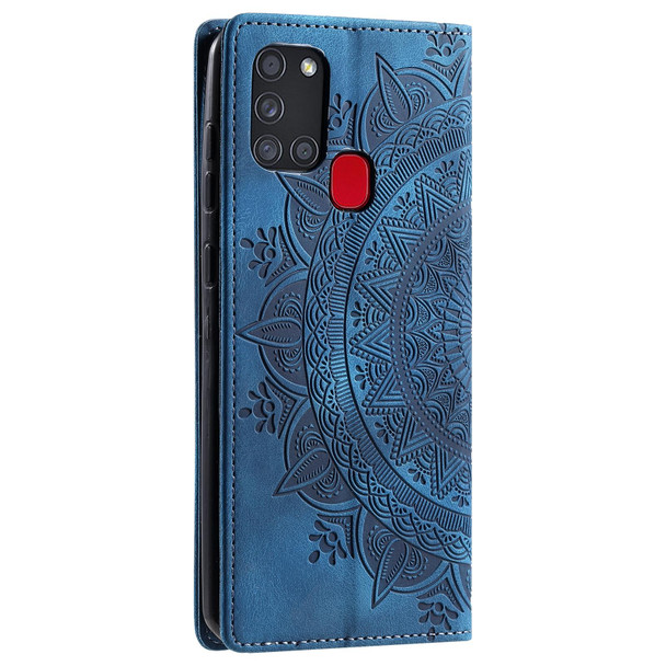 For Samsung Galaxy A21s Totem Embossed Magnetic Leatherette Phone Case(Blue)