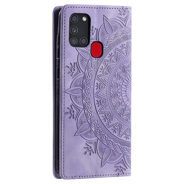 For Samsung Galaxy A21s Totem Embossed Magnetic Leatherette Phone Case(Purple)