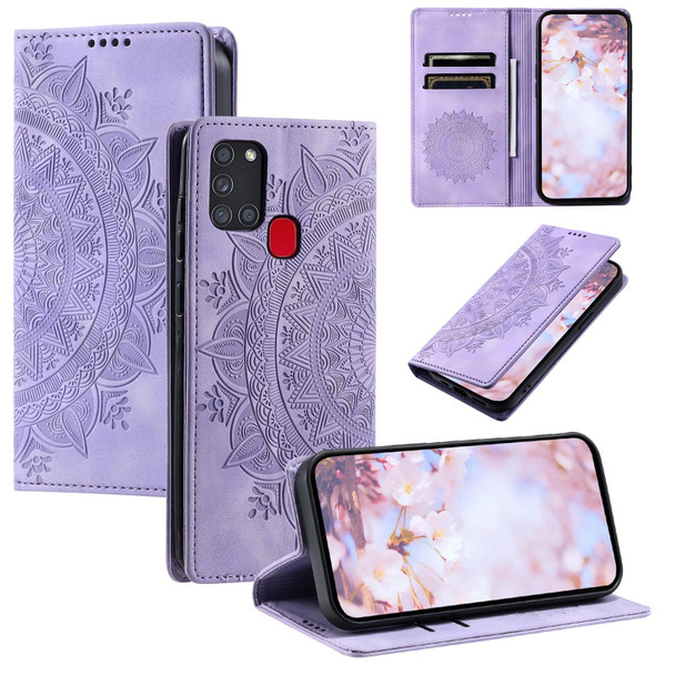 For Samsung Galaxy A21s Totem Embossed Magnetic Leatherette Phone Case(Purple)