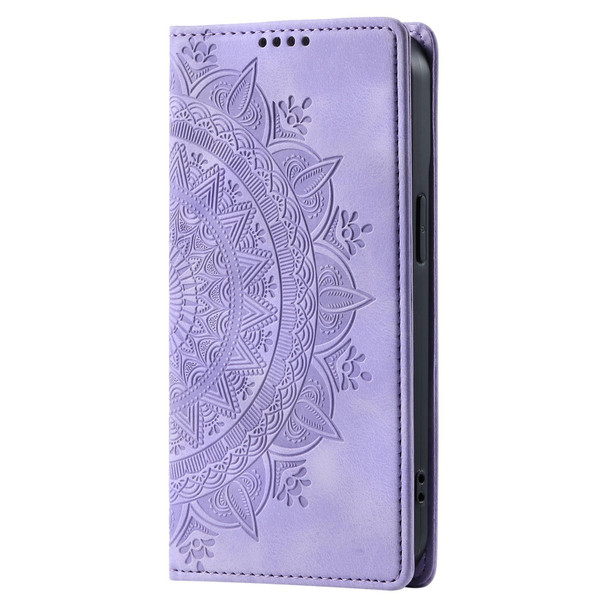 For Samsung Galaxy A21s Totem Embossed Magnetic Leatherette Phone Case(Purple)