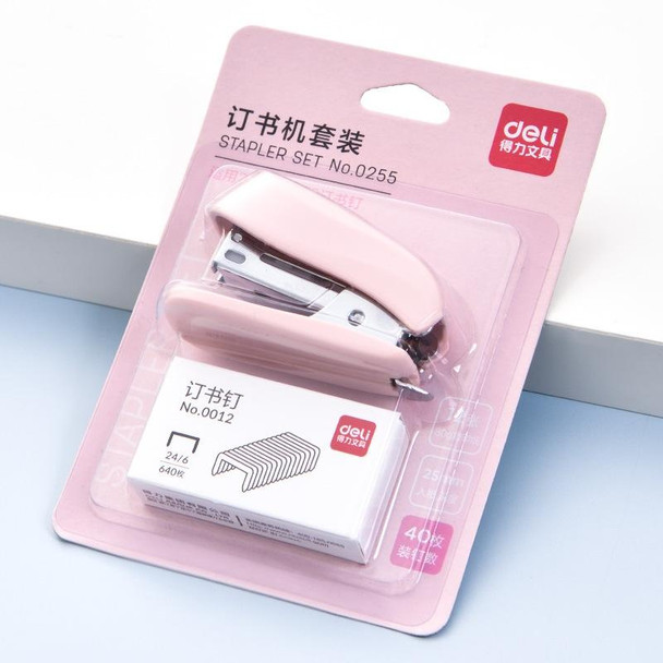Deli  Macaron Color Stapler + 640 Staples Set Small Mini Stapler Stationery(Pink)