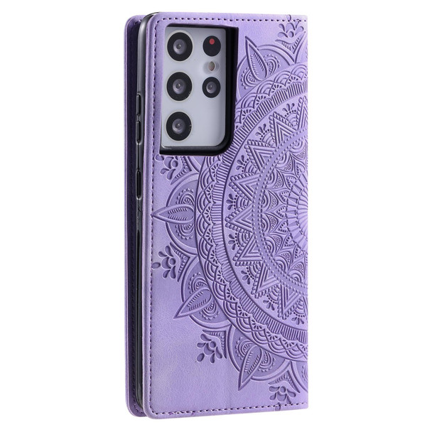 For Samsung Galaxy S21 Ultra 5G Totem Embossed Magnetic Leatherette Phone Case(Purple)