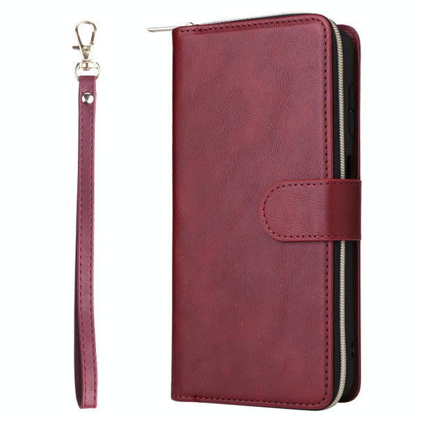 For Samsung Galaxy S23 FE 5G 9 Card Slots Zipper Wallet Bag Leatherette Phone Case(Wine Red)