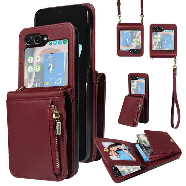 For Samsung Galaxy Z Flip5 5G Crossbody Lanyard Zipper Wallet Leatherette Phone Case(Wine Red)