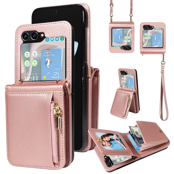 For Samsung Galaxy Z Flip5 5G Crossbody Lanyard Zipper Wallet Leatherette Phone Case(Rose Gold)