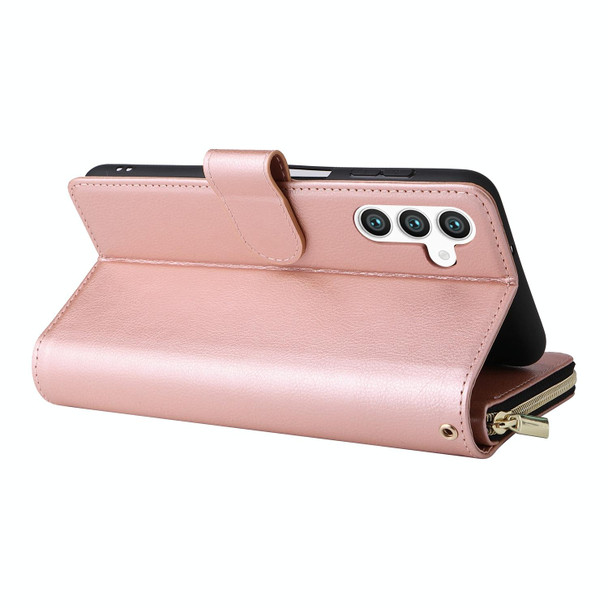 For Samsung Galaxy S24 5G 9 Card Slots Zipper Wallet Bag Leatherette Phone Case(Rose Gold)