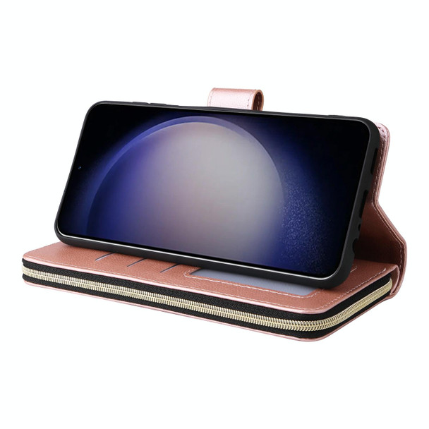 For Samsung Galaxy S24 5G 9 Card Slots Zipper Wallet Bag Leatherette Phone Case(Rose Gold)