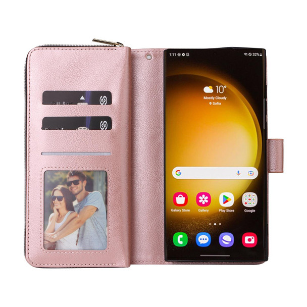For Samsung Galaxy S24 Ultra 5G 9 Card Slots Zipper Wallet Bag Leatherette Phone Case(Rose Gold)