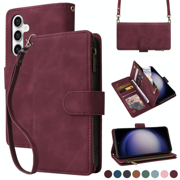 For Samsung Galaxy S23 FE 5G Crossbody Multi-card Slot Wallet Zipper Leatherette Phone Case(Wine Red)