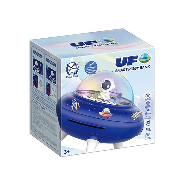 19.6 x 13.7 x 19.6cm UFO Flying Saucer Money Bank Toys Childrens Astronaut Intelligent Simulation Savings Jar(Blue Male Astronaut)