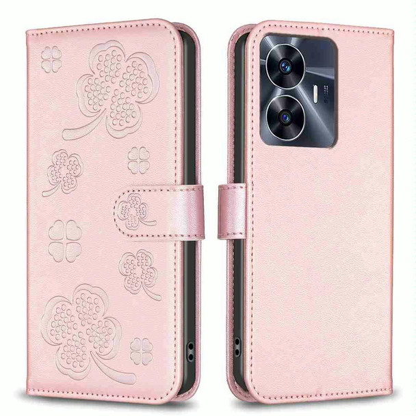 For Realme C35 Four-leaf Embossed Leatherette Phone Case(Pink)