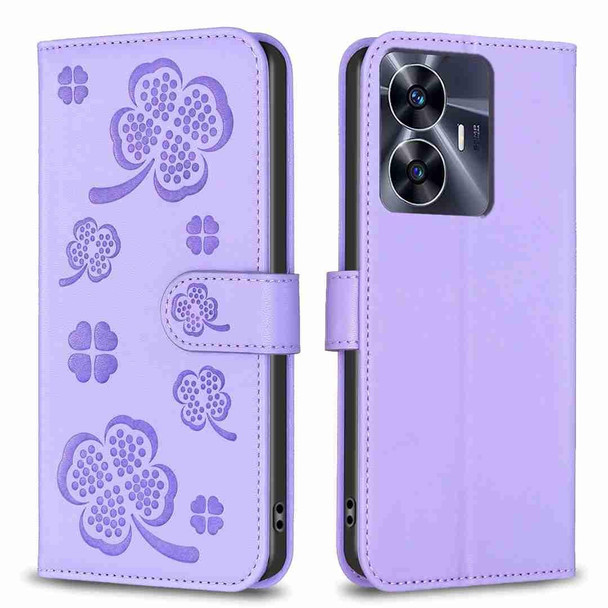 For Realme C35 Four-leaf Embossed Leatherette Phone Case(Purple)