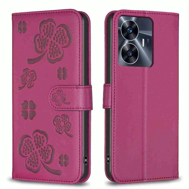 For Realme C55 Four-leaf Embossed Leatherette Phone Case(Rose Red)