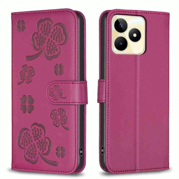 For Realme C53 Four-leaf Embossed Leatherette Phone Case(Rose Red)