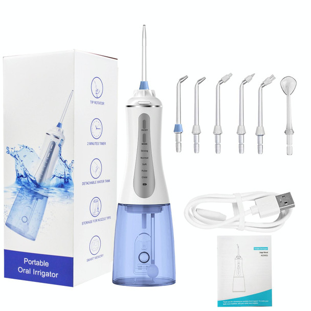 350ML Water Tank Oral Irrigator Rechargeable 5 Gear Adustable Water Flosser, Spec: White+Blue Tank