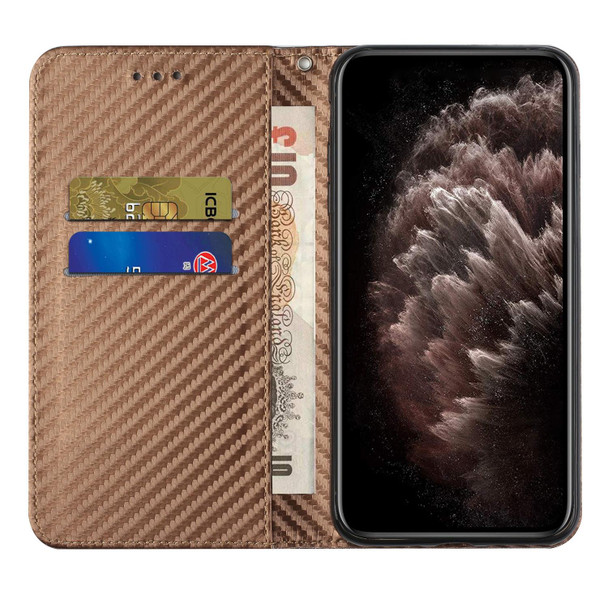 Carbon Fiber Texture Flip Holder Leatherette Phone Case - iPhone 13 Pro Max(Brown)