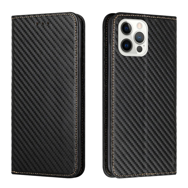 Carbon Fiber Texture Flip Holder Leatherette Phone Case - iPhone 13 Pro Max(Black)