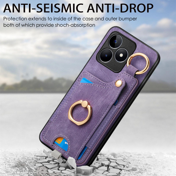 For Realme C15 Retro Skin-feel Ring Card Bag Phone Case with Hang Loop(Purple)