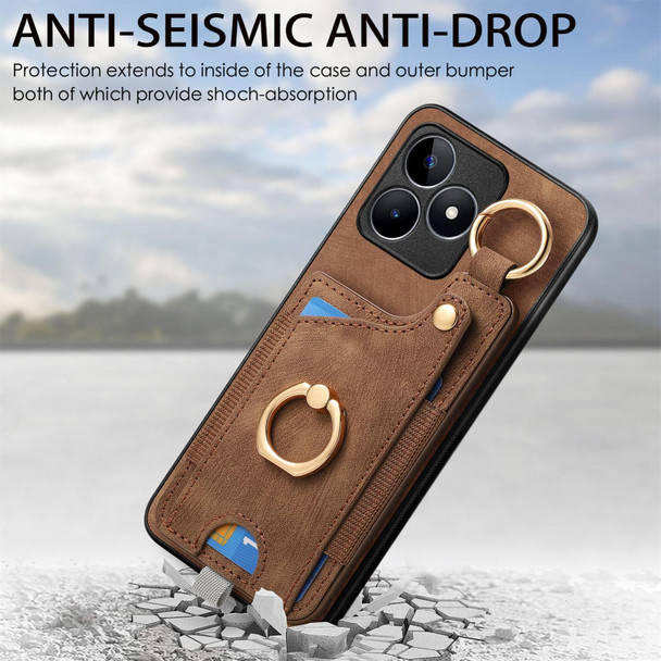 For Realme 9 Pro+ Retro Skin-feel Ring Card Bag Phone Case with Hang Loop(Brown)