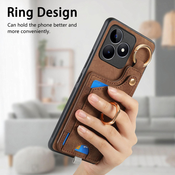 For Realme 9 Pro+ Retro Skin-feel Ring Card Bag Phone Case with Hang Loop(Brown)