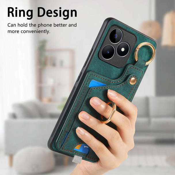 For Realme 9 Pro+ Retro Skin-feel Ring Card Bag Phone Case with Hang Loop(Green)