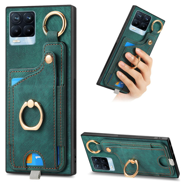 For Realme 8 Pro Retro Skin-feel Ring Card Bag Phone Case with Hang Loop(Green)