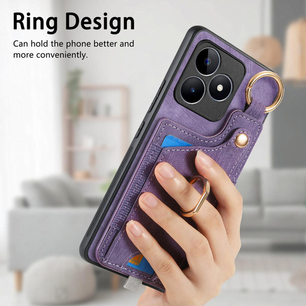 For Realme 9 Pro Retro Skin-feel Ring Card Bag Phone Case with Hang Loop(Purple)