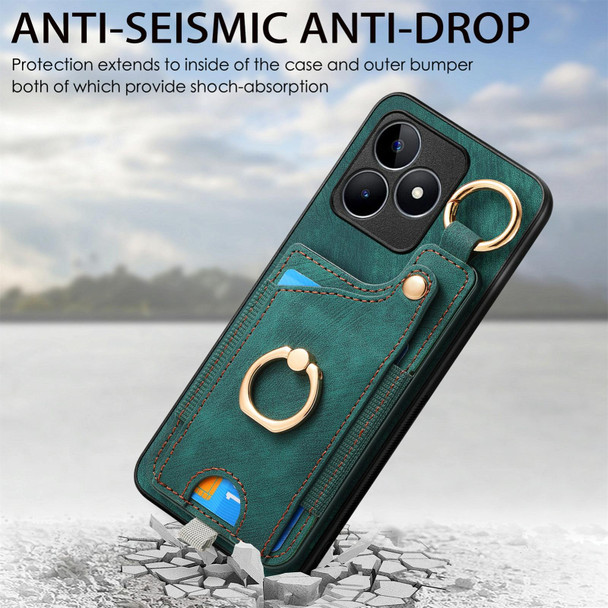 For Realme 10 Pro+ Retro Skin-feel Ring Card Bag Phone Case with Hang Loop(Green)