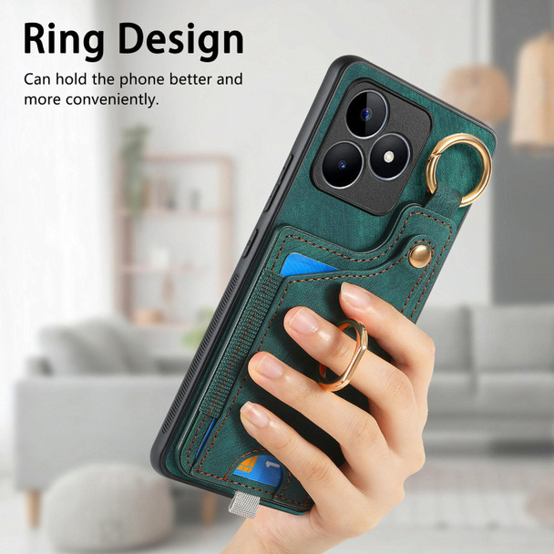 For Realme 10 Pro+ Retro Skin-feel Ring Card Bag Phone Case with Hang Loop(Green)