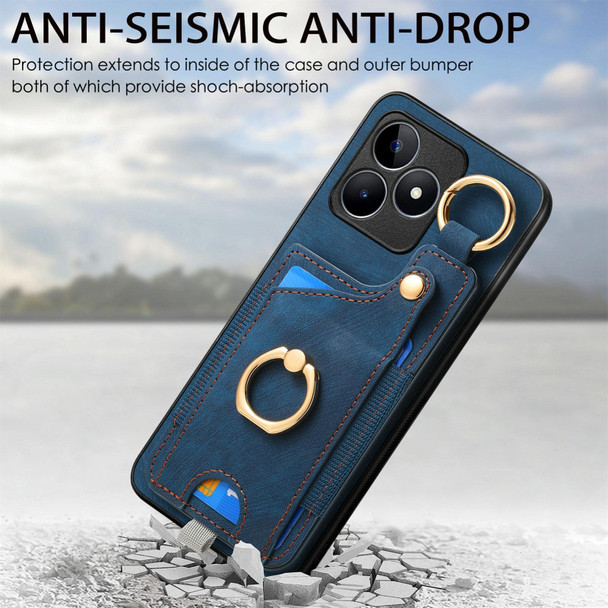 For Realme 10 Pro+ Retro Skin-feel Ring Card Bag Phone Case with Hang Loop(Blue)