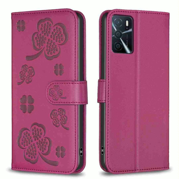 For OPPO A16 / A16s / A54s Four-leaf Embossed Leatherette Phone Case(Rose Red)