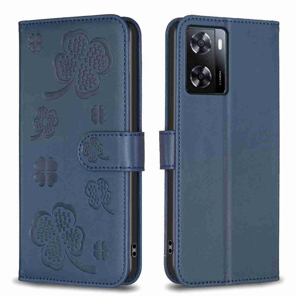 For OPPO A57 4G Four-leaf Embossed Leatherette Phone Case(Blue)