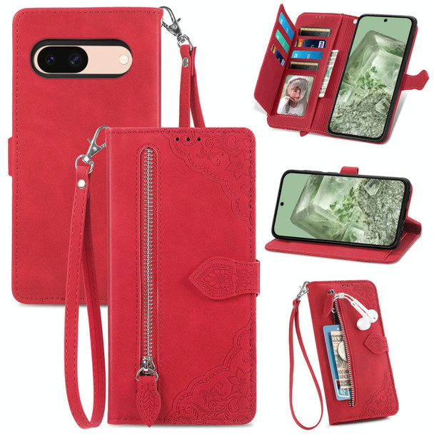 For Google Pixel 8a Embossed Flower Zipper Leatherette Phone Case(Red)