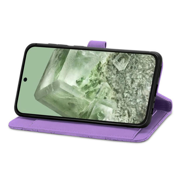 For Google Pixel 5a Embossed Flower Zipper Leatherette Phone Case(Purple)