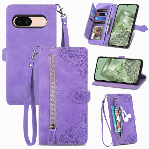 For Google Pixel 5 Embossed Flower Zipper Leatherette Phone Case(Purple)