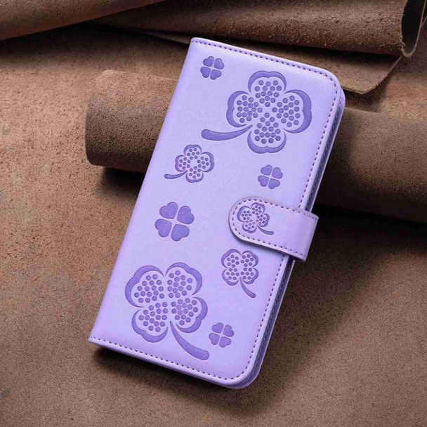 For Samsung Galaxy S22 Ultra 5G Four-leaf Embossed Leatherette Phone Case(Purple)