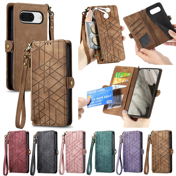 For Google Pixel 8a Geometric Zipper Wallet Side Buckle Leatherette Phone Case(Brown)