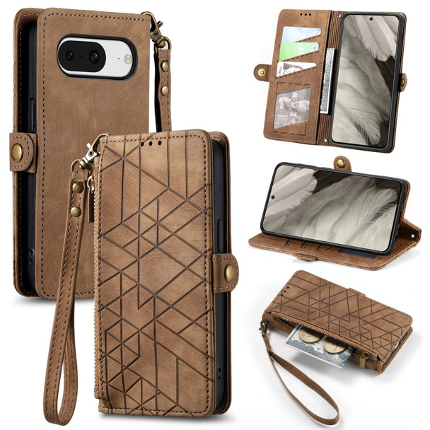 For Google Pixel 8a Geometric Zipper Wallet Side Buckle Leatherette Phone Case(Brown)