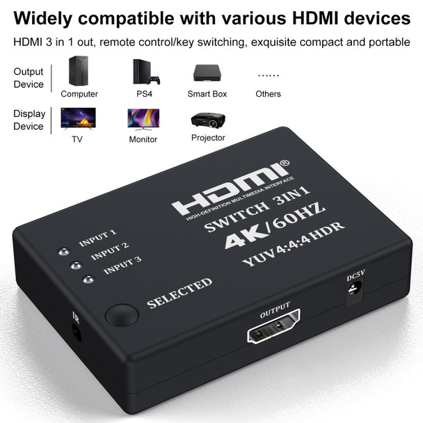 3 In 1 Out 4K 60Hz HD Video HDMI Switcher with Infrared Remote Control