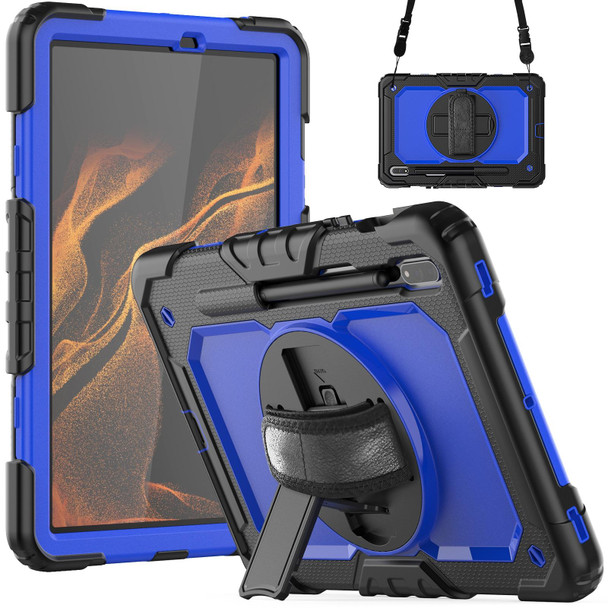 Samsung Galaxy Tab S8 11 inch SM-X700 Silicone + PC Tablet Case with Shoulder Strap(Black+Dark Blue)