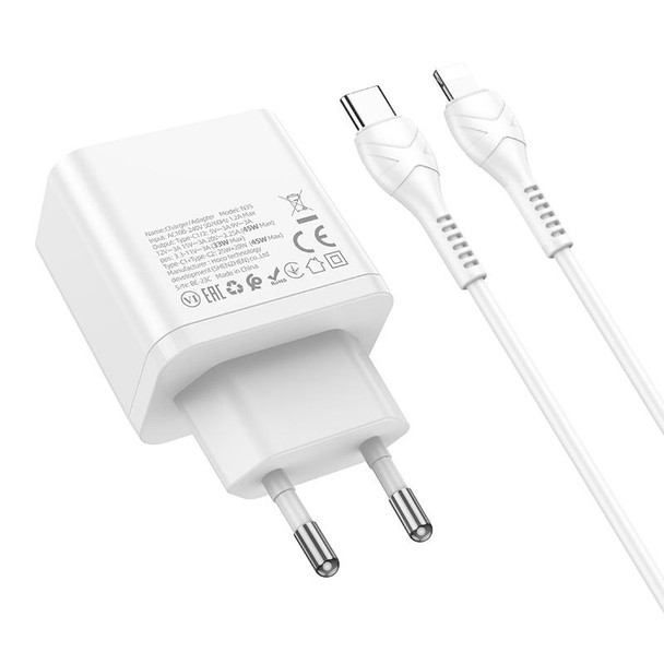 Hoco N35 Streamer PD45W USB-C / Type-C Dual Port Charger Set with Type-C to 8 Pin Cable, EU Plug(White)