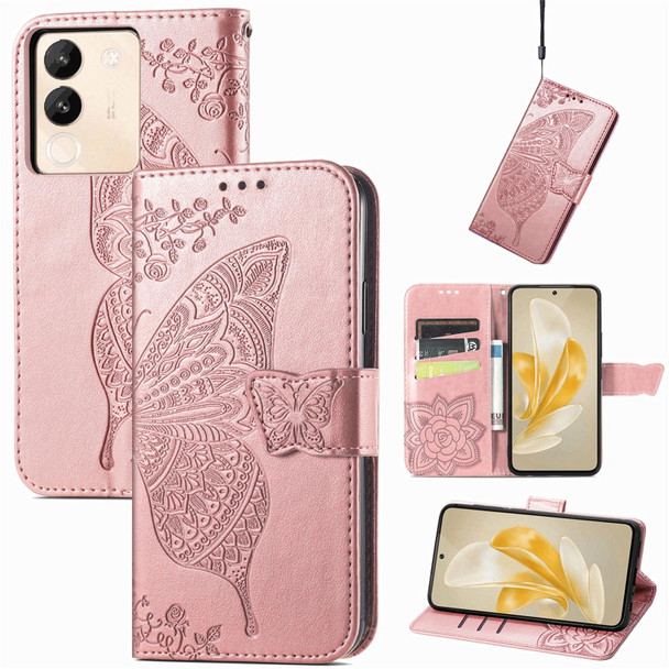 For vivo iQOO 12 5G Butterfly Love Flower Embossed Leatherette Phone Case(Rose Gold)