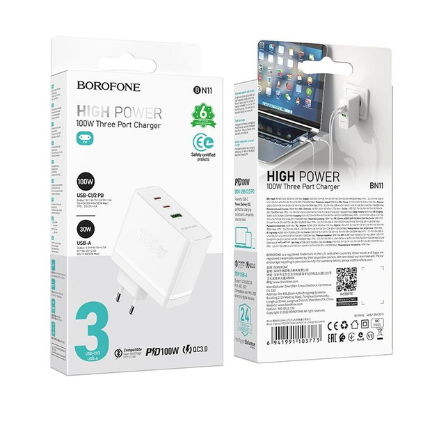 Borofone BN11 PD100W Dual USB-C/Type-C+USB 3-port GaN Charger, EU Plug(White)