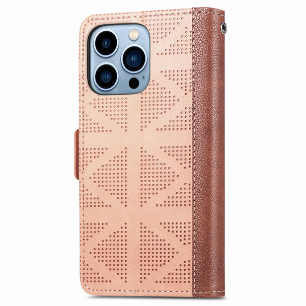 Grid Leather Flip Phone Case - iPhone 13 Pro Max(Apricot)