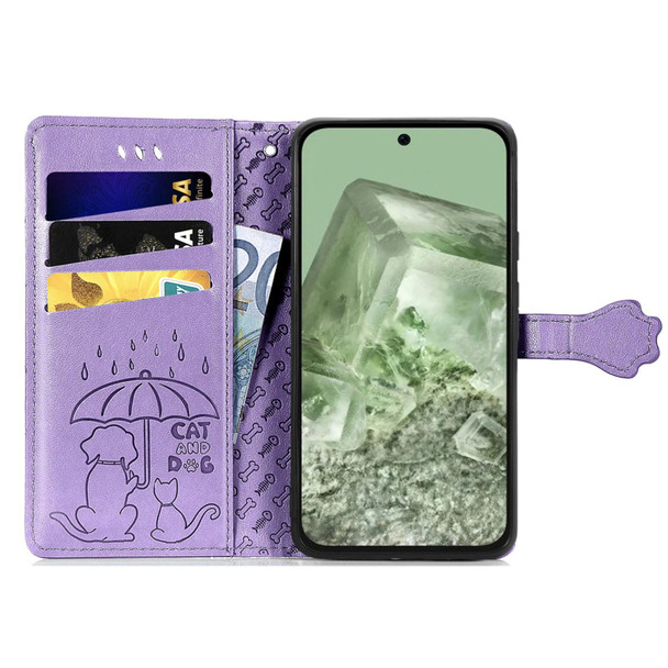 For Google Pixel 7 Cat and Dog Embossed Leatherette Phone Case(Purple)