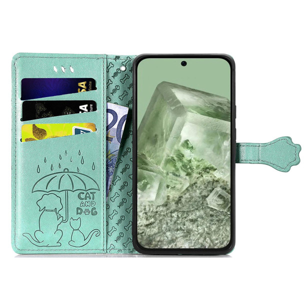 For Google Pixel 7a Cat and Dog Embossed Leatherette Phone Case(Green)