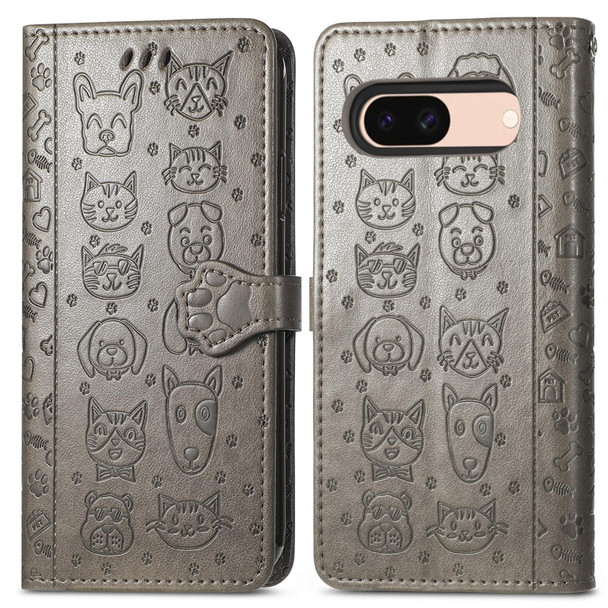 For Google Pixel 8a Cat and Dog Embossed Leatherette Phone Case(Gray)