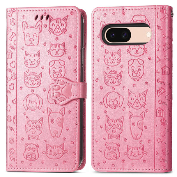 For Google Pixel 8a Cat and Dog Embossed Leatherette Phone Case(Pink)