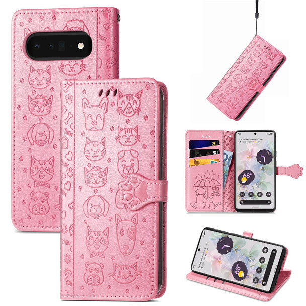 For Google Pixel 6 Pro Cat and Dog Embossed Leatherette Phone Case(Pink)