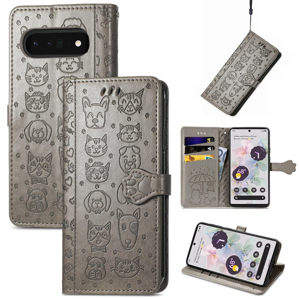 For Google Pixel 6 Pro Cat and Dog Embossed Leatherette Phone Case(Gray)